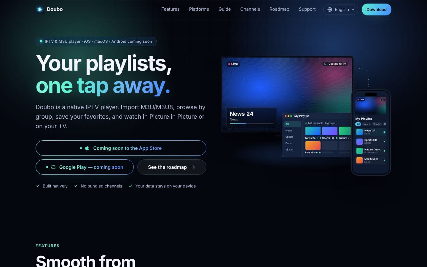 Doubo homepage hero with TV and phone player
