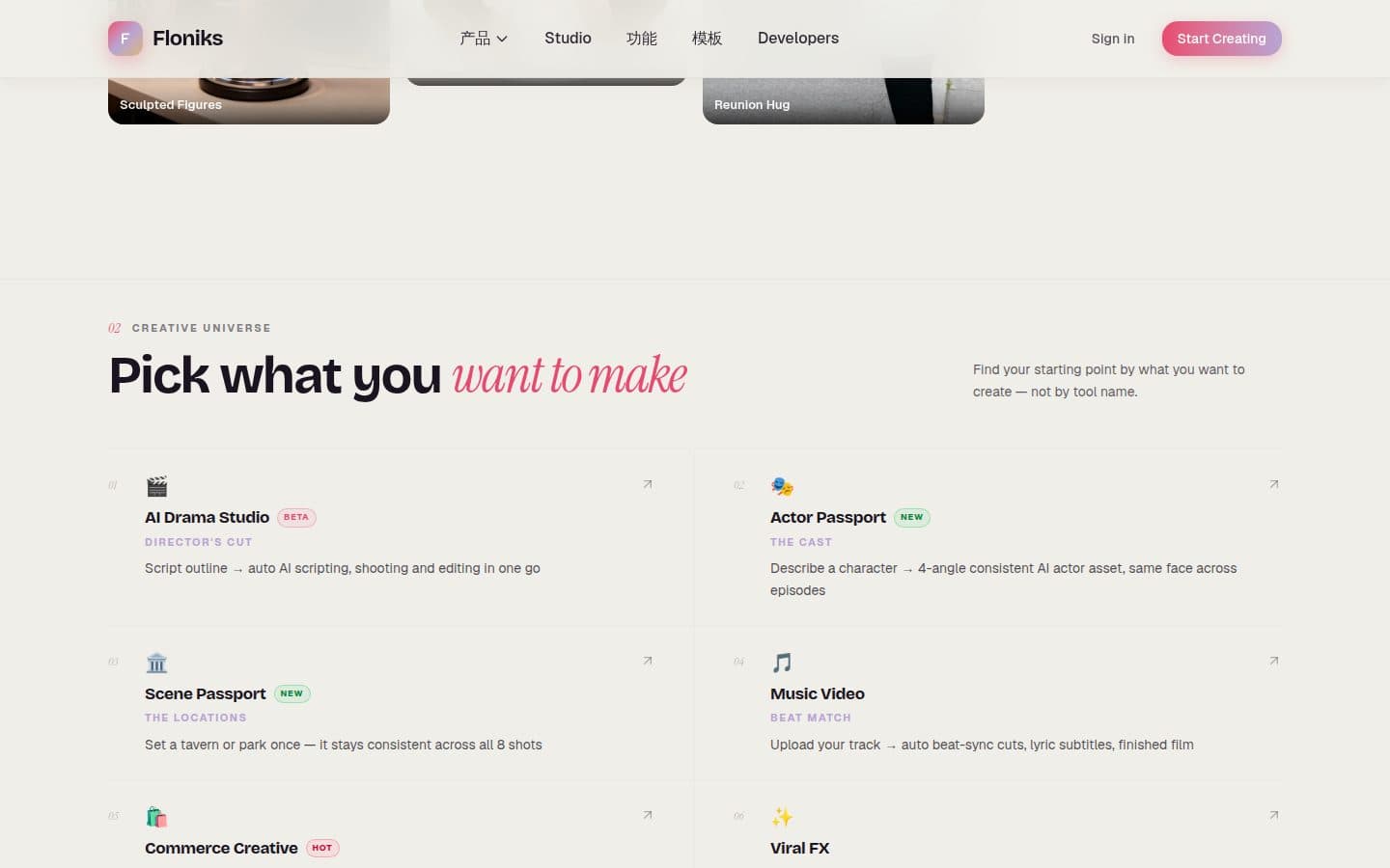 Floniks workflow canvas and feature grid