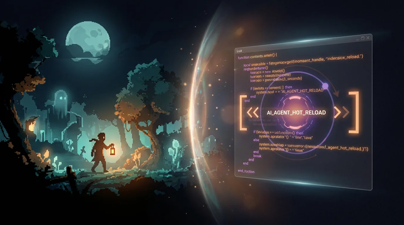 Hollow Lullaby concept — atmospheric 2D scene beside a hot-reloading Lua panel