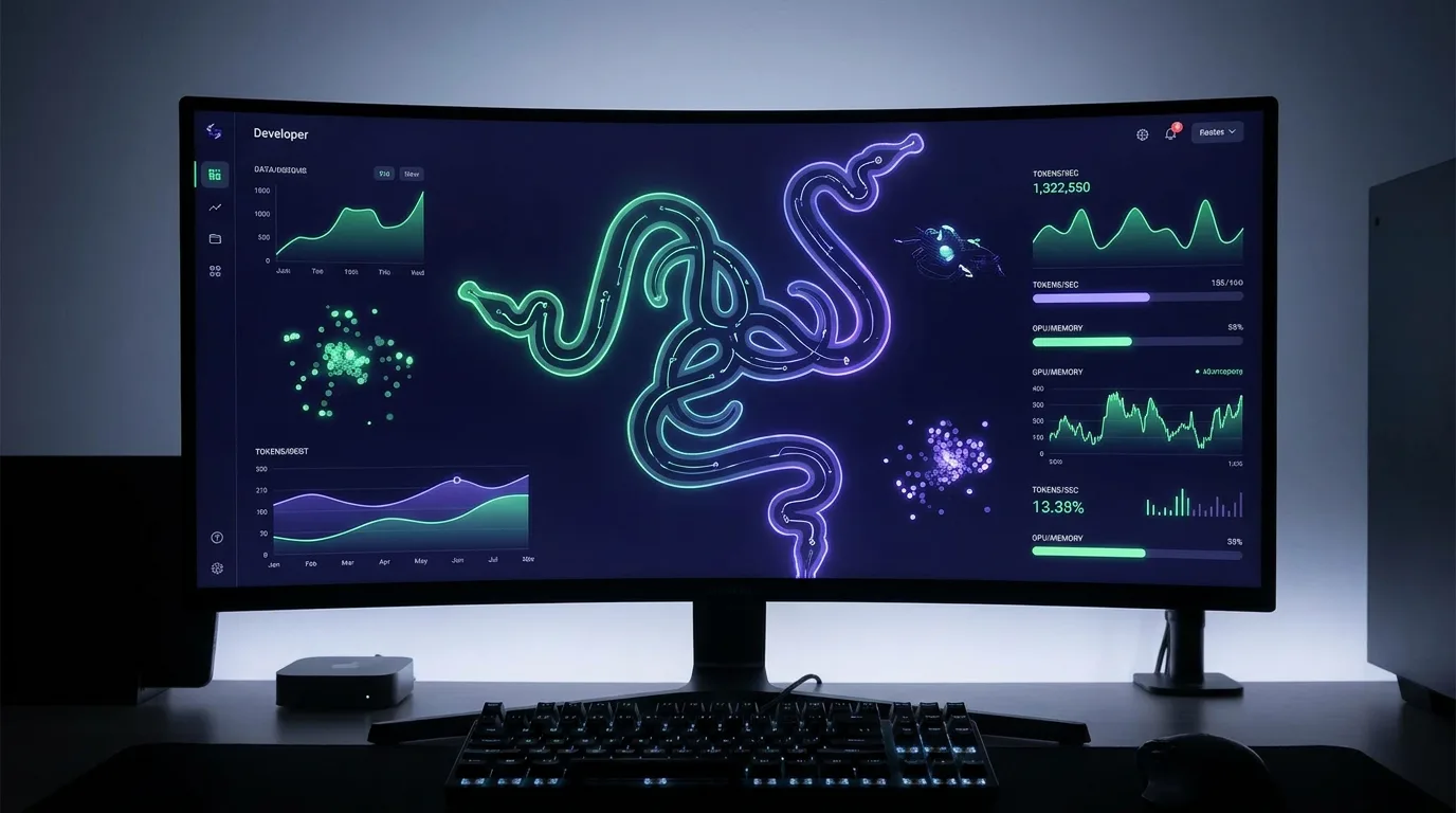 Naga inference dashboard concept — throughput, GPU/memory and reasoning trace