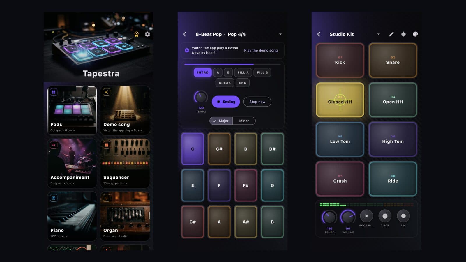 Tapestra on iPhone: home, one-finger accompaniment and drum pads