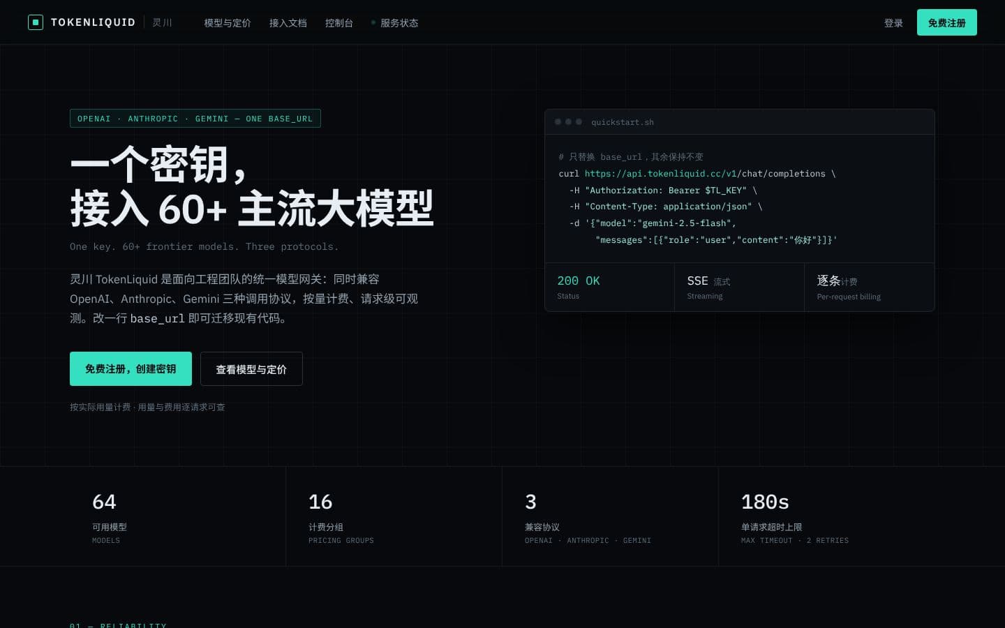 TokenLiquid homepage with quickstart and gateway stats